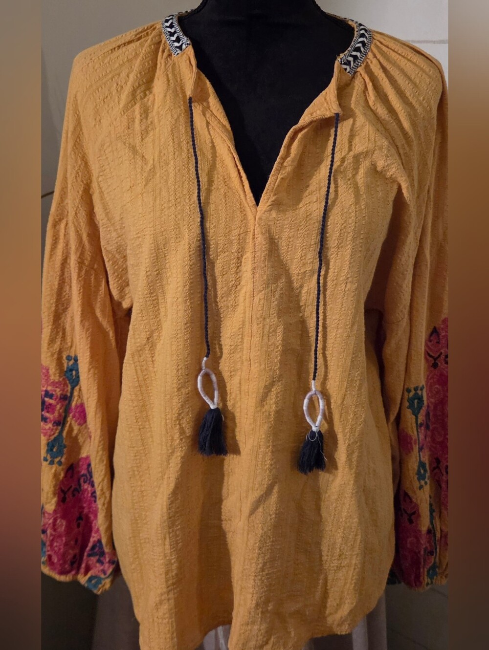 Yellow Boho Floral Embroidered Peasant Blouse V Neck Tassels Balloon Sleeve INC